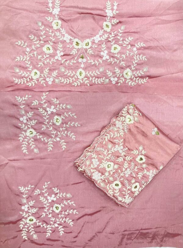 Baby Pink Color Pure Chinon Silk Embroidery Work Saree - Image 6