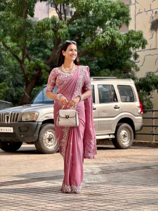 Baby Pink Color Pure Chinon Silk Embroidery Work Saree - Image 2