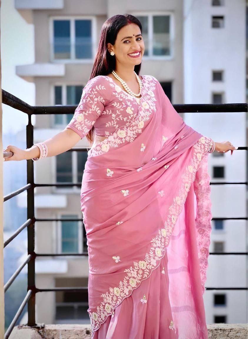 Baby Pink Color Pure Chinon Silk Embroidery Work Saree