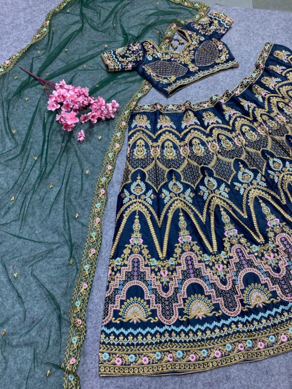 Classic Royal Green Color Embroidered Attractive Malay Satin Silk Dulhan Lehenga choli - Image 2