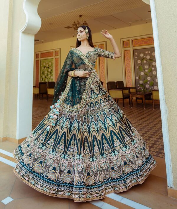 Classic Royal Green Color Embroidered Attractive Malay Satin Silk Dulhan Lehenga choli - Image 3