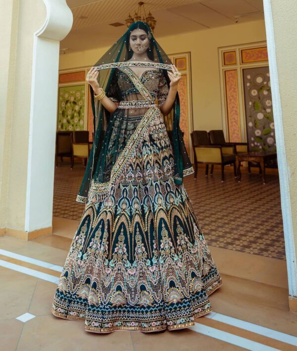 Classic Royal Green Color Embroidered Attractive Malay Satin Silk Dulhan Lehenga choli