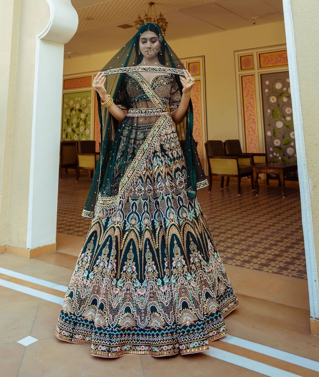 Classic Royal Green Color Embroidered Attractive Malay Satin Silk Dulhan Lehenga choli