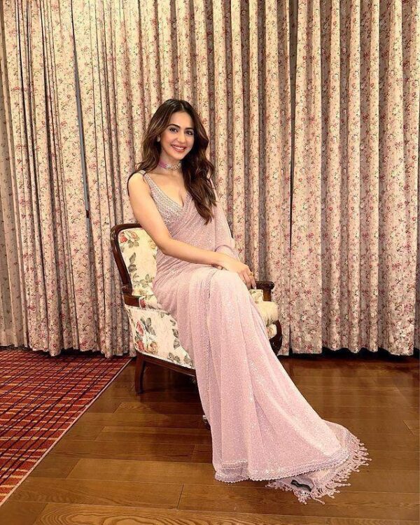 Light Pink Georgette Sequence Work Bollywood Saree - Image 10