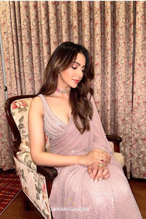 Light Pink Georgette Sequence Work Bollywood Saree - Image 11