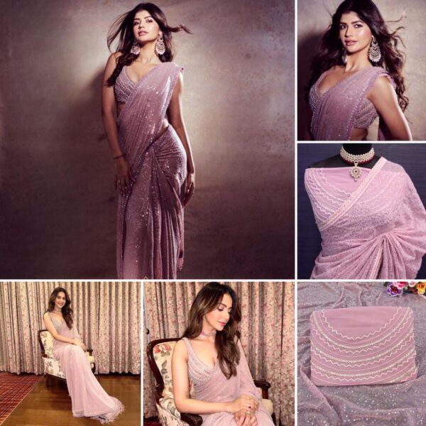 Light Pink Georgette Sequence Work Bollywood Saree - Image 5