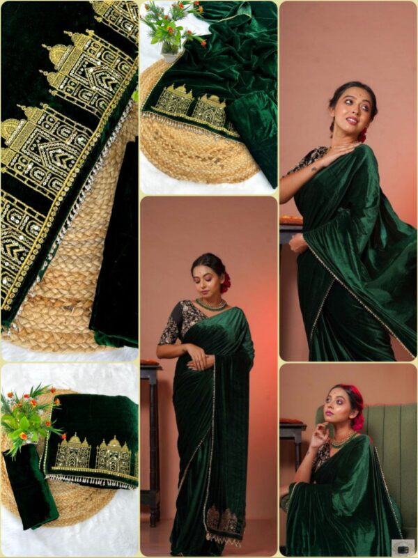 Solid plain saree with Taj Mahal figure panel designer pallu with triangle lace border - Image 9