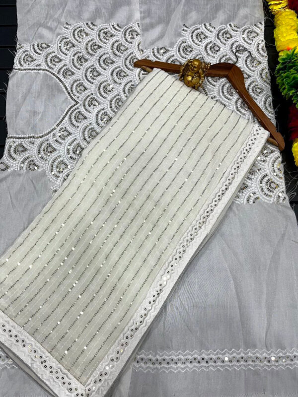 Party Wear Heavy Sequence Work White Color Saree - Image 4