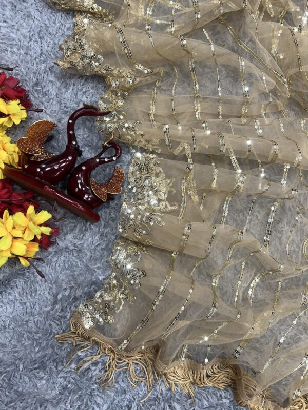 Sandy Beige Net Heavy Sequence Saree - Image 6