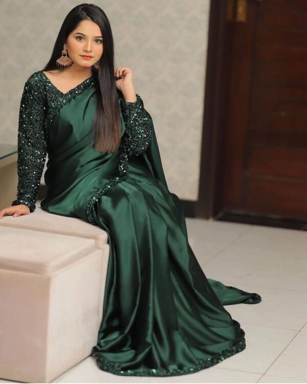 JAPAN SATIN SAREE WITH VELVET EMBROIDERY SEQUENCE LACE BORDER - Image 3