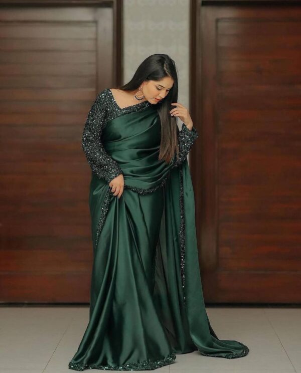 JAPAN SATIN SAREE WITH VELVET EMBROIDERY SEQUENCE LACE BORDER - Image 4