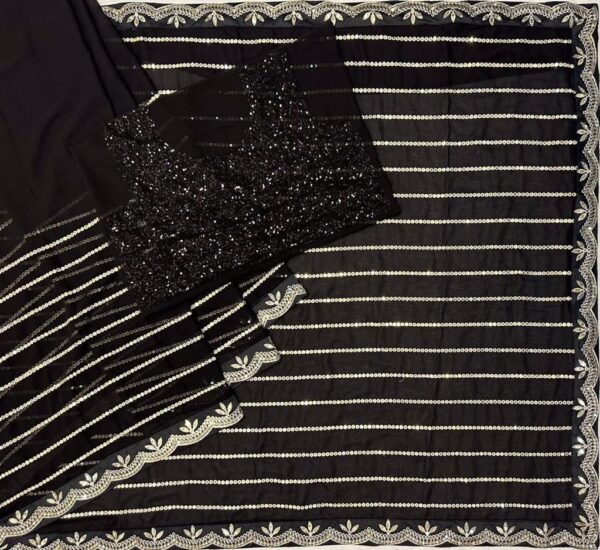 Black Color Sequence Work Celebrity Style Soft Net Saree - Image 9