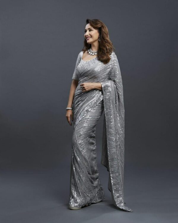 Madhuri Dixit Heavy Sequence Saree Grey Color - Image 2