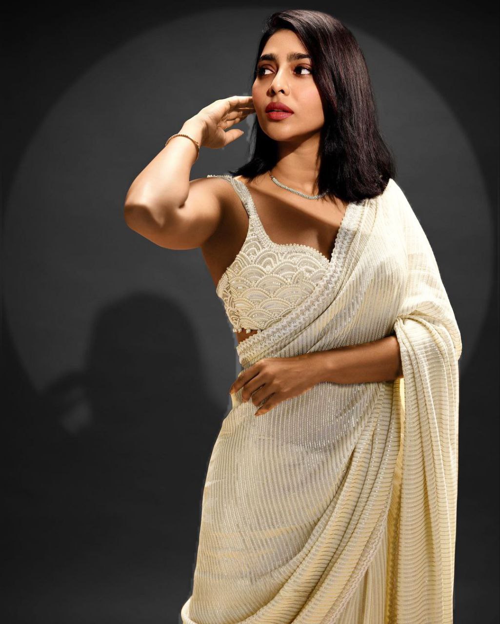 White Thread Sequence Work Saree With Heavy Designer Blouse