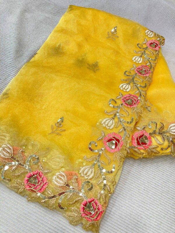 Blossom yellow net sequins and zardozi embroidered blouse and hand crafted satin organza saree - Image 9