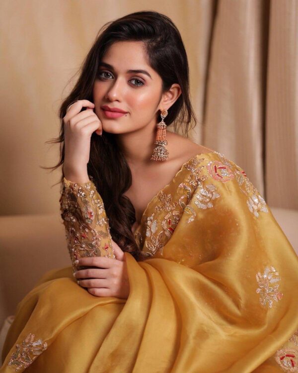 Blossom yellow net sequins and zardozi embroidered blouse and hand crafted satin organza saree - Image 2