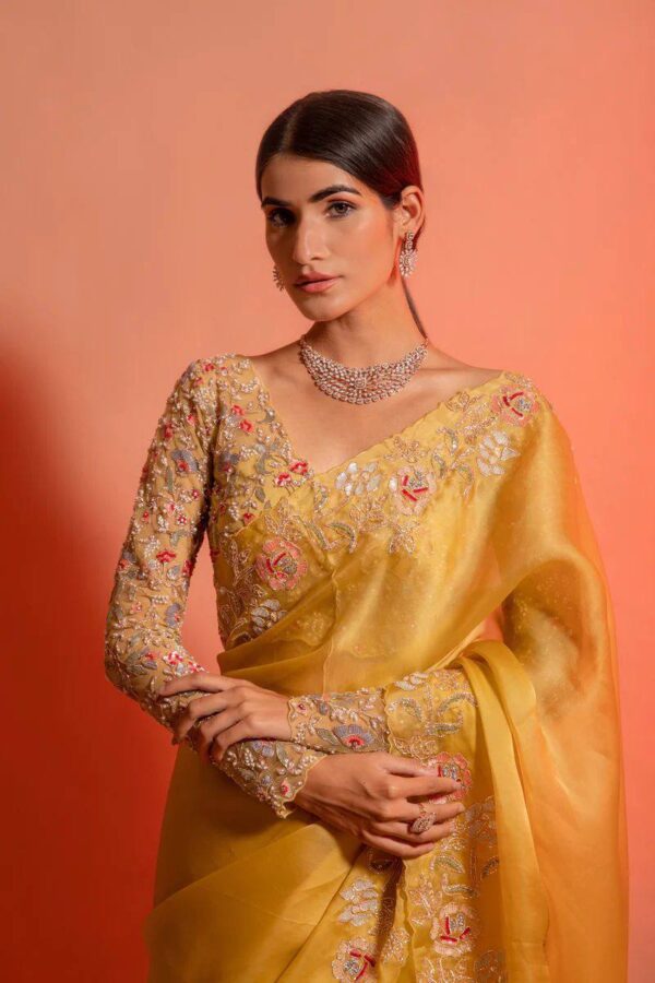 Blossom yellow net sequins and zardozi embroidered blouse and hand crafted satin organza saree - Image 6