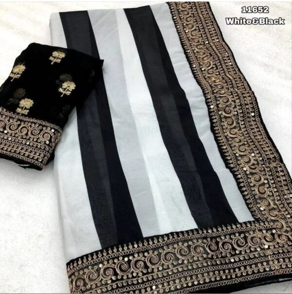 Black & White Striped Printed Georgette Saree - Image 3