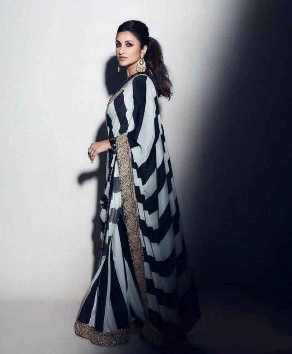 Black & White Striped Printed Georgette Saree