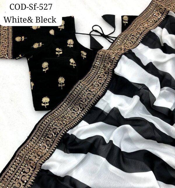 Black & White Striped Printed Georgette Saree - Image 5