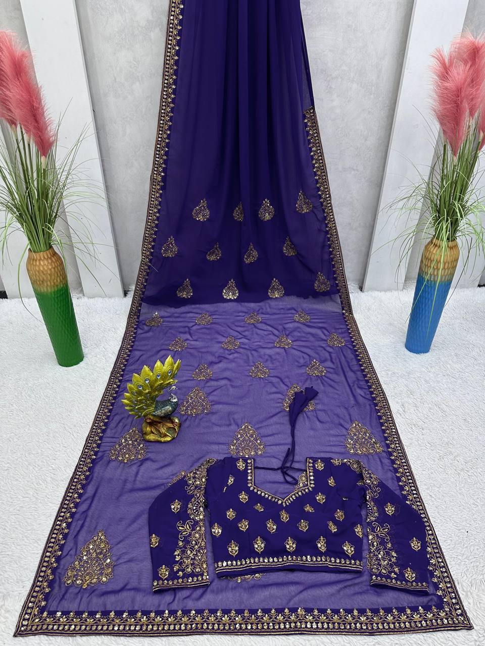 Purple Color Madhuri Dixit Styled Georgette Sequence Work Saree - Image 9
