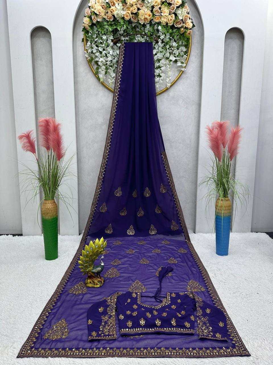 Purple Color Madhuri Dixit Styled Georgette Sequence Work Saree - Image 4