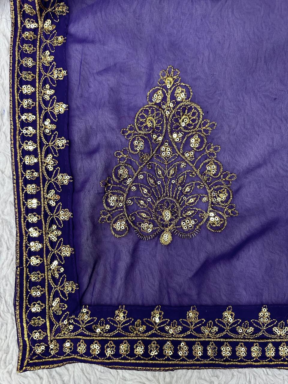 Purple Color Madhuri Dixit Styled Georgette Sequence Work Saree - Image 7