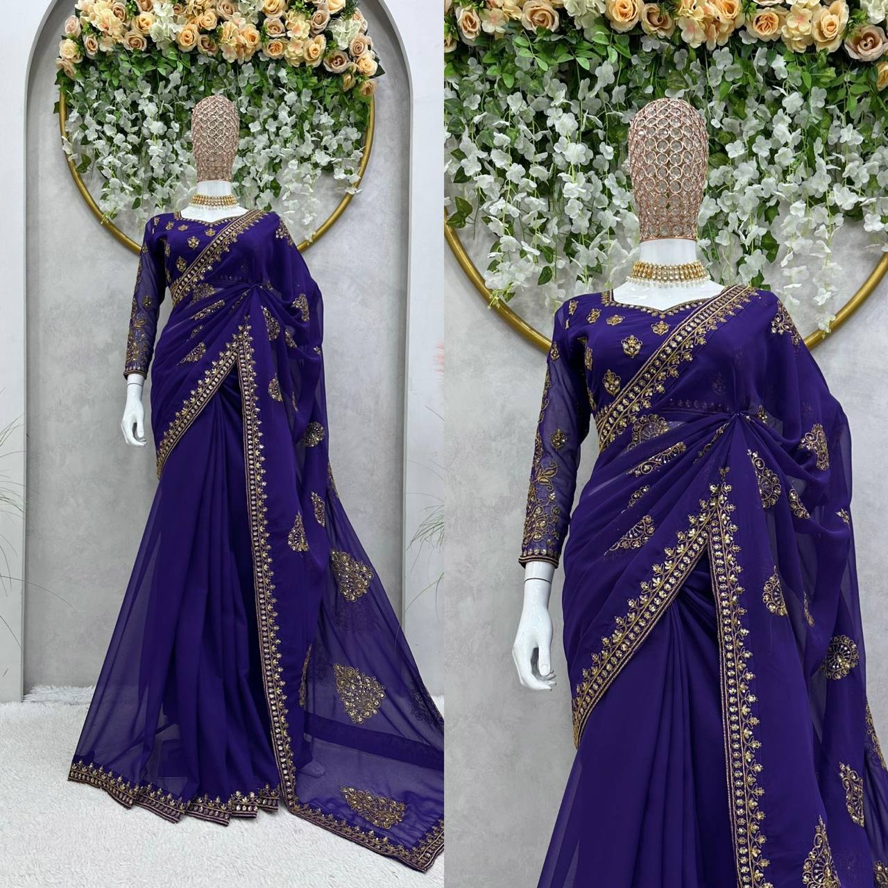 Purple Color Madhuri Dixit Styled Georgette Sequence Work Saree - Image 3