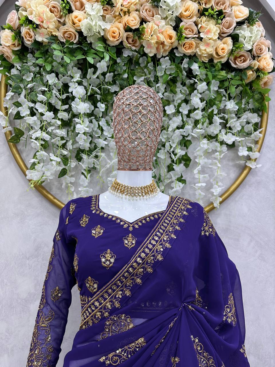 Purple Color Madhuri Dixit Styled Georgette Sequence Work Saree - Image 8