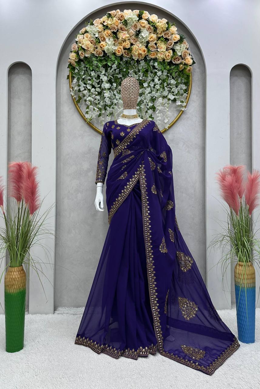 Purple Color Madhuri Dixit Styled Georgette Sequence Work Saree - Image 5