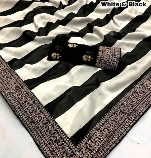 BEAUTIFUL FANCY DORI & THREAD ZARI WITH FANCY SEQUENCE WORK BOLLYWOOD SAREE BLACK AND WHITE COLOR - Image 3