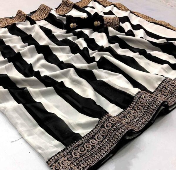 BEAUTIFUL FANCY DORI & THREAD ZARI WITH FANCY SEQUENCE WORK BOLLYWOOD SAREE BLACK AND WHITE COLOR - Image 7