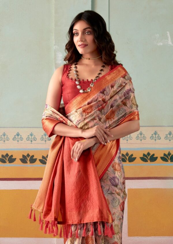 Red And Pink Woven Banarasi Tissue Silk Saree With Floral Print - Image 13