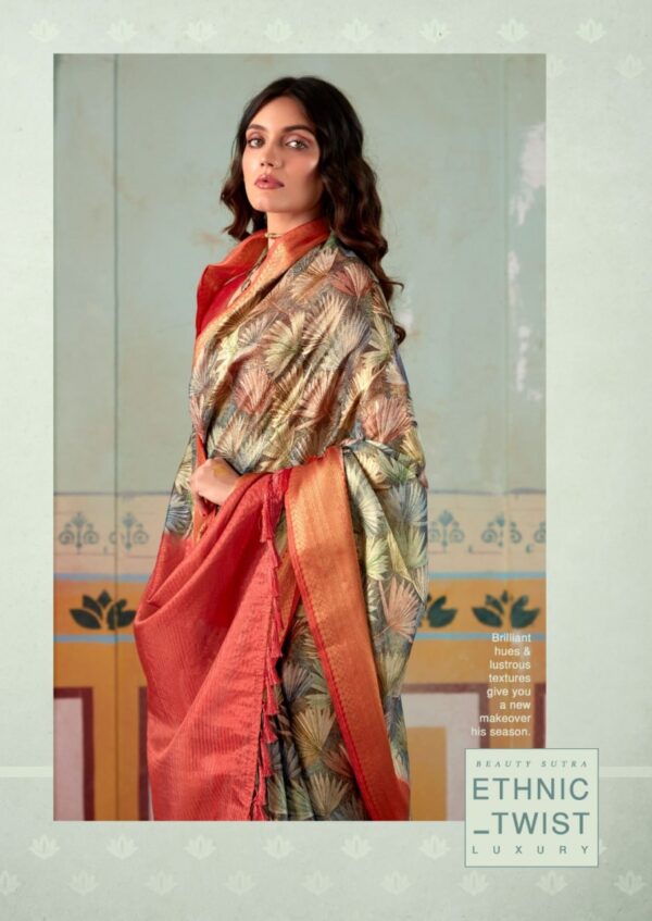 Red And Pink Woven Banarasi Tissue Silk Saree With Floral Print - Image 12