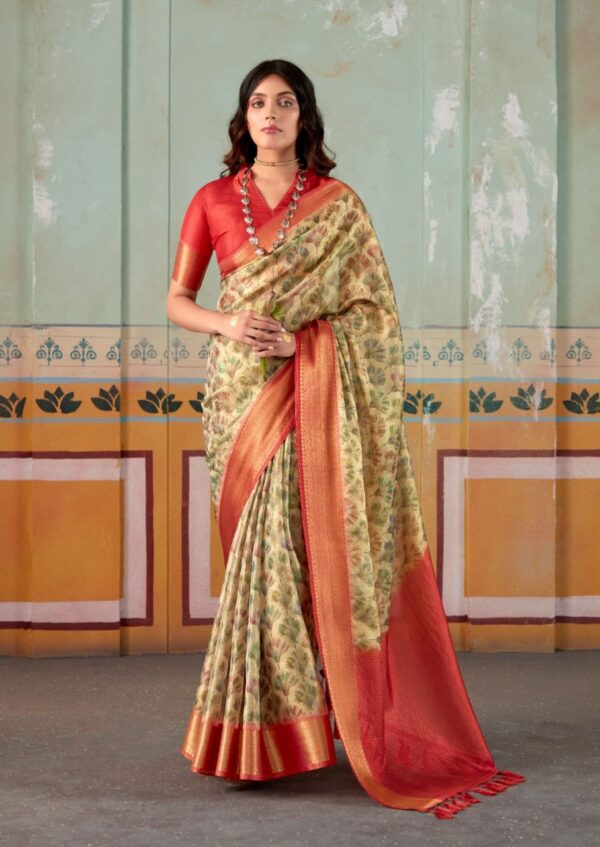 Red And Pink Woven Banarasi Tissue Silk Saree With Floral Print - Image 11