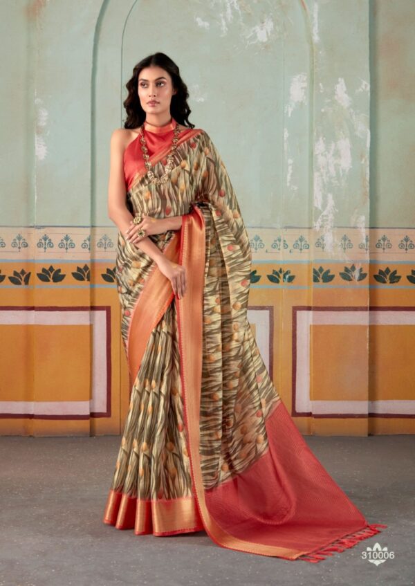 Red And Pink Woven Banarasi Tissue Silk Saree With Floral Print - Image 4