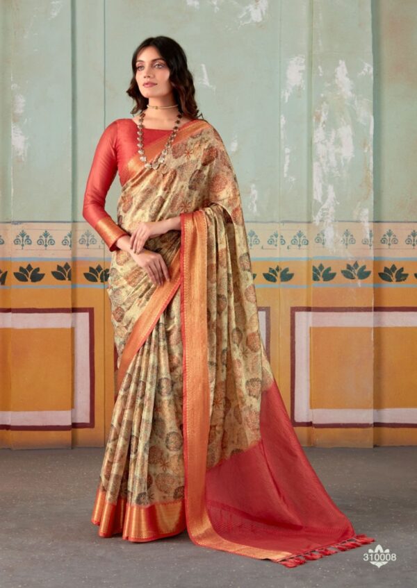 Red And Pink Woven Banarasi Tissue Silk Saree With Floral Print - Image 9