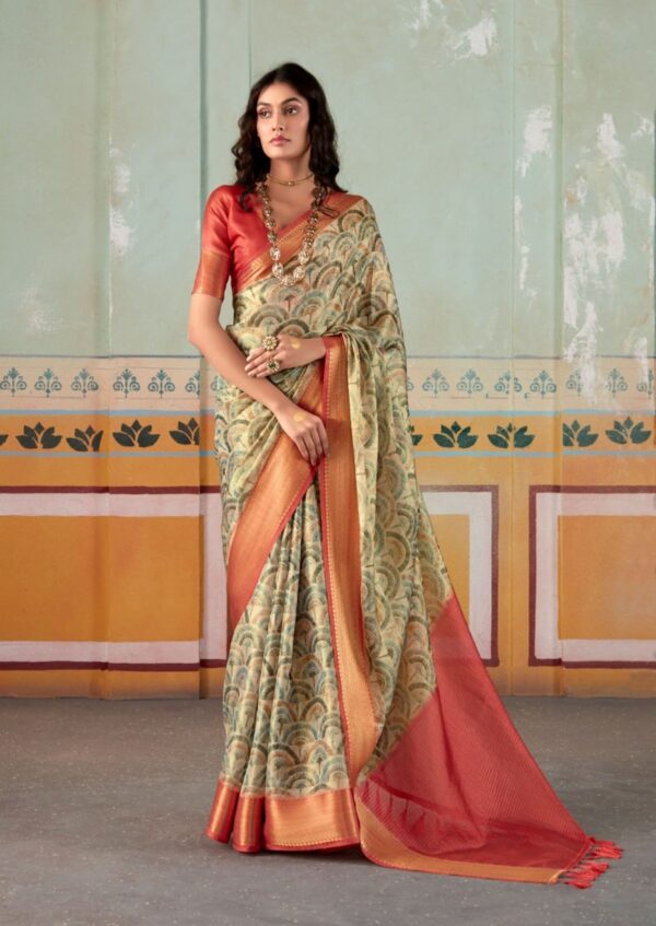 Red And Pink Woven Banarasi Tissue Silk Saree With Floral Print - Image 10