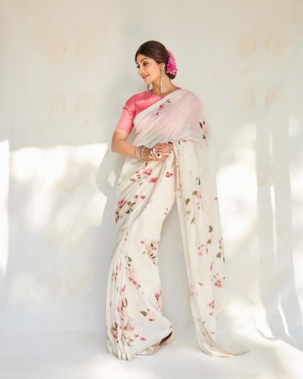 CREAMY LINEN DIGITAL FLOWER PRINTED SAREE - Image 2