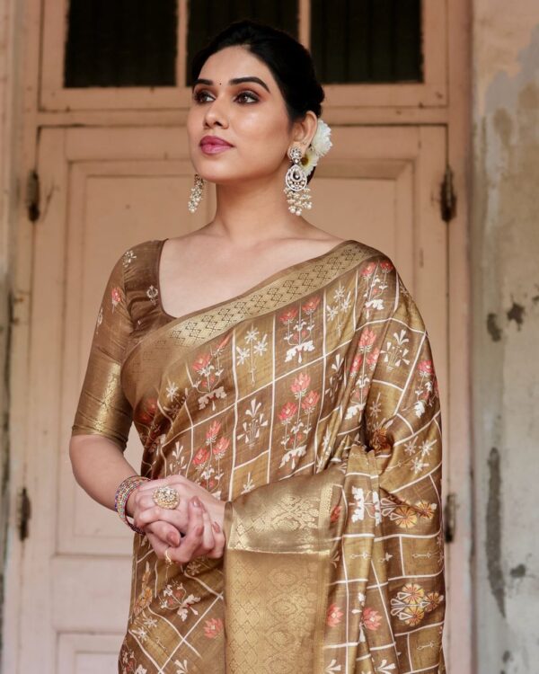 Golden Pure Silk Digitally Digital Printed Party Wear Saree - Image 3