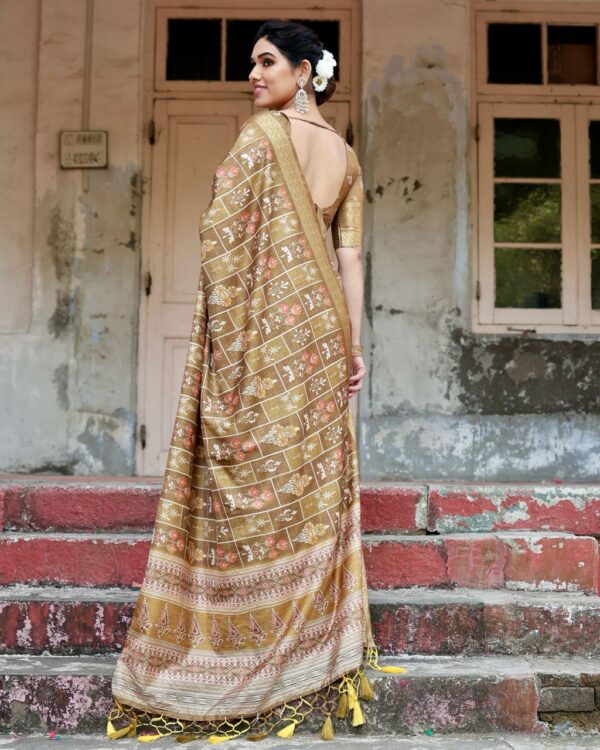 Golden Pure Silk Digitally Digital Printed Party Wear Saree - Image 7