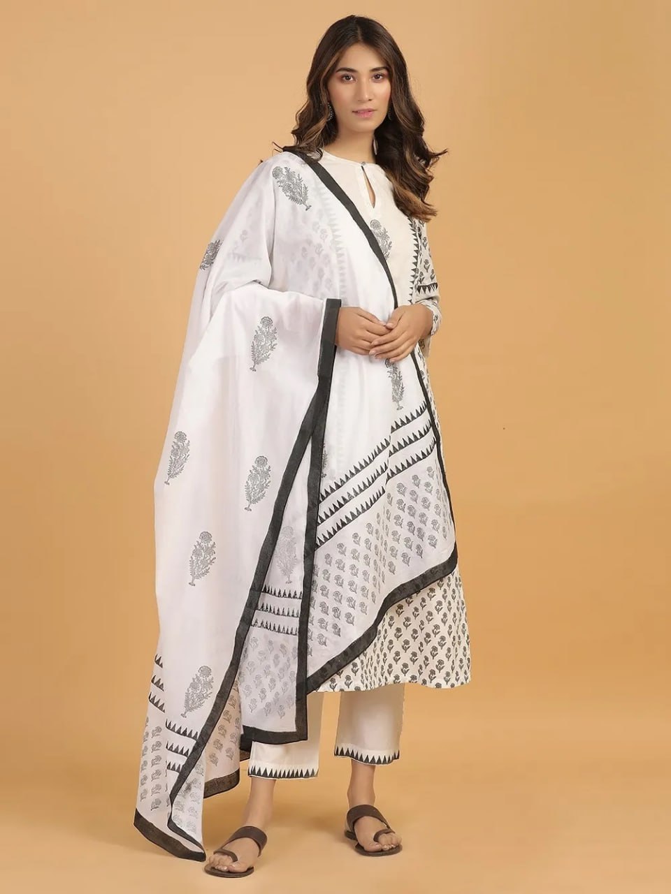 White Black Hand Block Printed Cotton Kurta with Pants- Set of 2