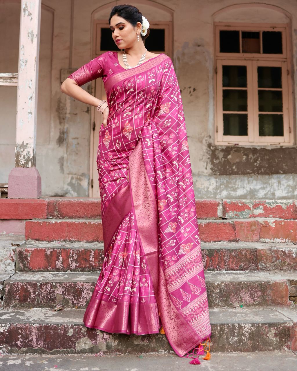 Rani Color Pure Silk Digital Printed Party Wear Saree - Image 5