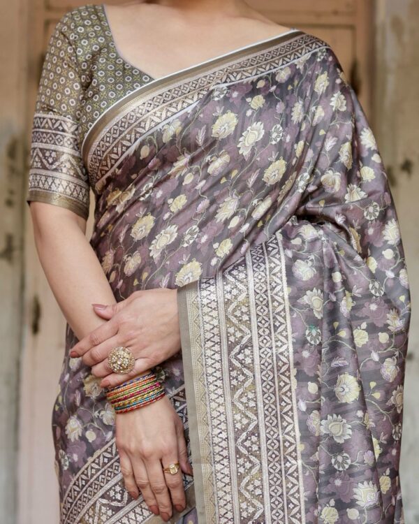Mauve Taupe Pure Silk Digital Printed Saree - Image 6