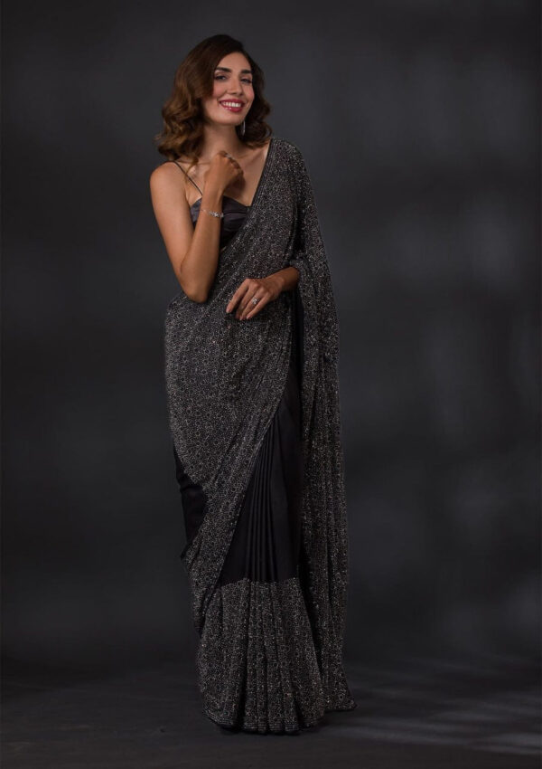 Black Swarovski Semi Crepe Designer Saree