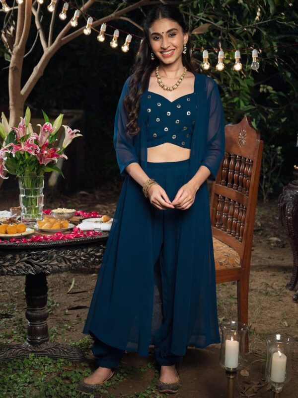 Blue Embroidered Georgette Straight Top With Salwar & Shrug - Image 5