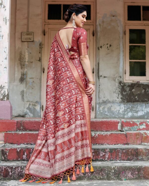 Marron Color Pure Silk Digital Printed Party Wear Saree - Image 6
