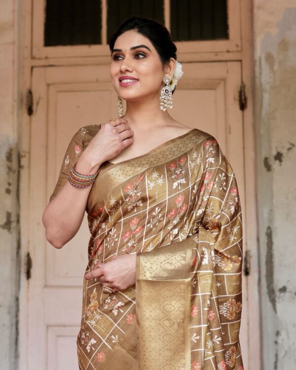 Golden Pure Silk Digitally Digital Printed Party Wear Saree - Image 8