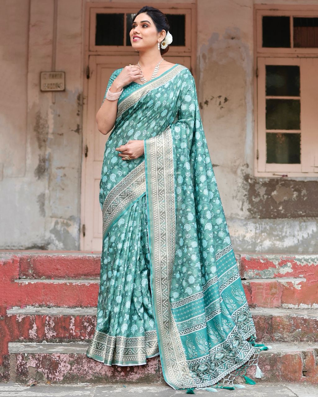 Pure Silk Saree With Digital Print and Blouse in Green Indian Silk Saree - Image 7