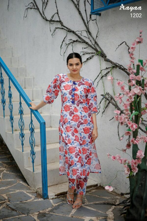 Digital Printed Muslin Cotton Straight Kurta Set in Off White and Red